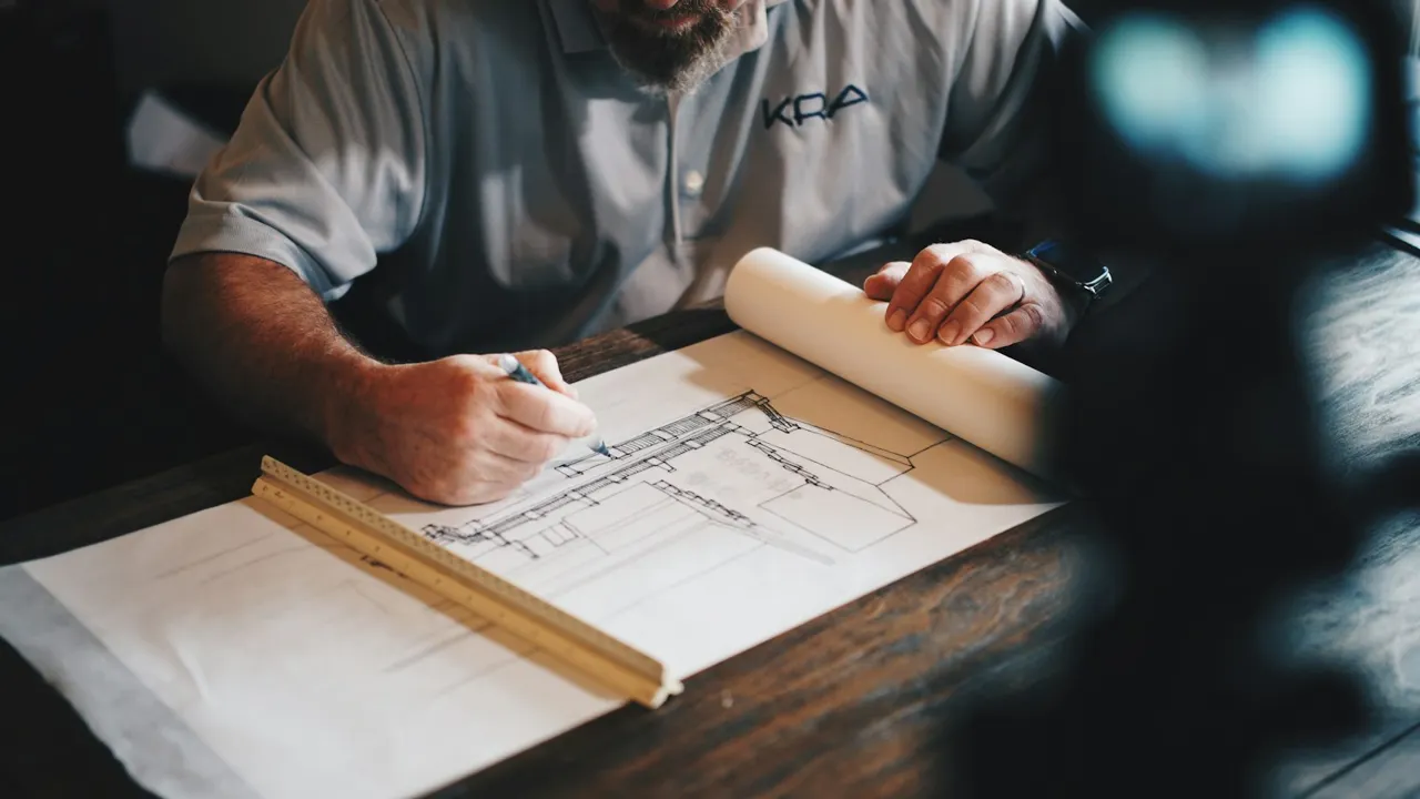 Person marking measurements on a technical drawing