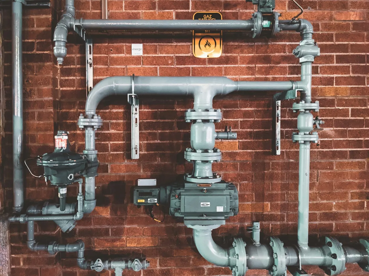 Plumbing pipes and a meter mounted on a brick wall